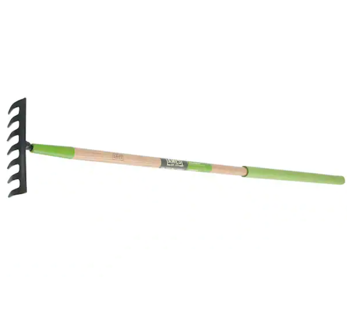 Ames floral rake with black head and wooden handle with green accents.